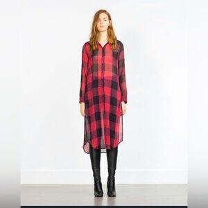 Zara Woman Premium Denim Red and Black Sheer Check Tartan Tunic Shirt Dress XS